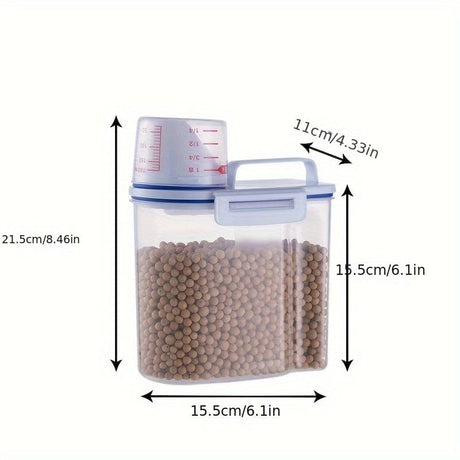 Airtight Food Storage Container with Measuring Cup for Rice, Grains, and Pet Food – Transparent Plastic Canister with Locking Lid, Silicone Seal, and Pour Spout for Kitchen Organization and Freshness (M, White)