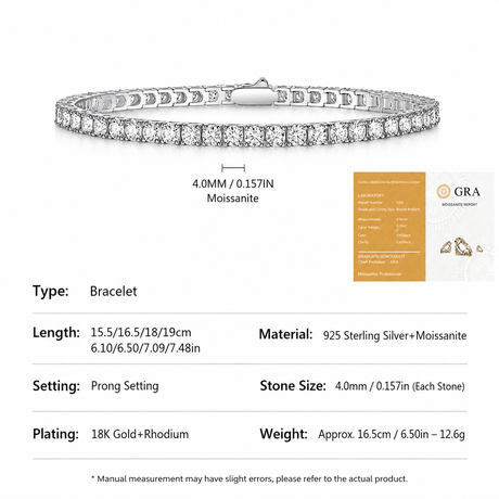 Elegant Moissanite Tennis Bracelet in 925 Sterling Silver with 18K Gold and Rhodium Plating, Featuring Certified Sparkling Stones for Daily Wear and Formal Occasions, Available in Multiple Lengths and Stone Sizes (3.0mm, 19cm（7.48in）)