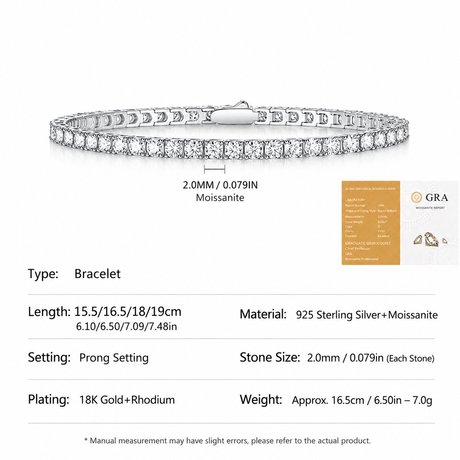 Elegant Moissanite Tennis Bracelet in 925 Sterling Silver with 18K Gold and Rhodium Plating, Featuring Certified Sparkling Stones for Daily Wear and Formal Occasions, Available in Multiple Lengths and Stone Sizes (4.0mm, 19cm（7.48in）)