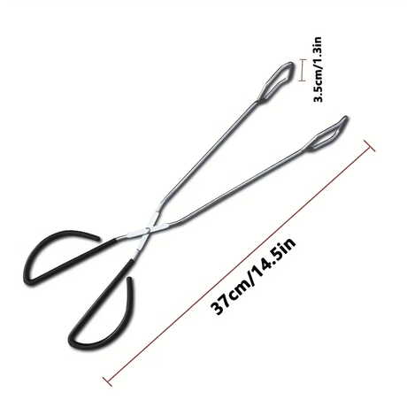 Long, sturdy, and heat-resistant charcoal tongs for grilling food. Made of stainless steel, these portable tongs are suitable for outdoor grilling, charcoal, and fire pits.