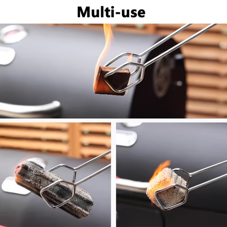 Long, sturdy, and heat-resistant charcoal tongs for grilling food. Made of stainless steel, these portable tongs are suitable for outdoor grilling, charcoal, and fire pits.