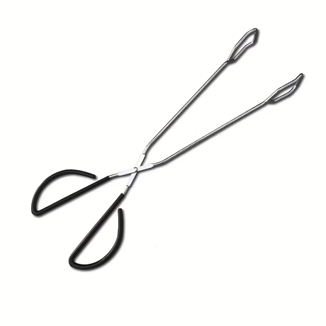 Long, sturdy, and heat-resistant charcoal tongs for grilling food. Made of stainless steel, these portable tongs are suitable for outdoor grilling, charcoal, and fire pits.