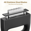 Heavy-duty meat tenderizer with 48 stainless steel needles and a locking mechanism – suitable for tenderizing steaks, beef, pork, turkey, fish, and poultry. Can be used with marinades. The black ABS handle is designed for professional kitchens.