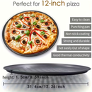 Two pizza baking pans, each 30.48 cm in diameter, feature ventilation holes for improved cooking efficiency and a non-stick coating, making them ideal for oven use.