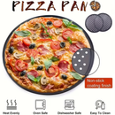Two pizza baking pans, each 30.48 cm in diameter, feature ventilation holes for improved cooking efficiency and a non-stick coating, making them ideal for oven use.