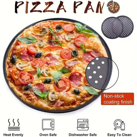 Two pizza baking pans, each 30.48 cm in diameter, feature ventilation holes for improved cooking efficiency and a non-stick coating, making them ideal for oven use.