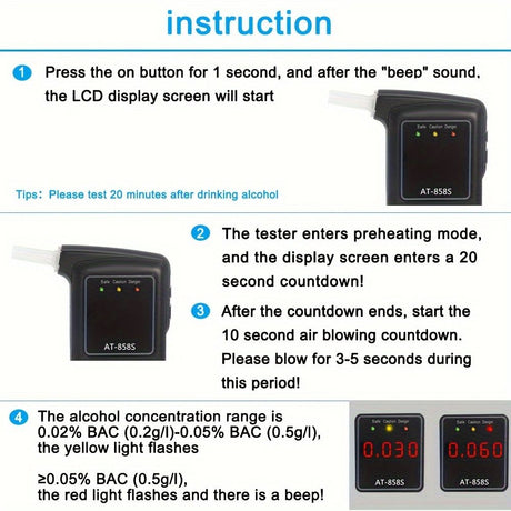 Black AT-858 Breathalyzer Alcohol Detection BAC Tester Portable Breathalyzer LED