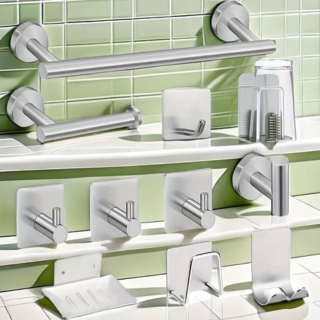 Silver Gray Bathroom Shower Accessories 11-Piece Set Towel Bars Hooks Soap Dishes Bathroom