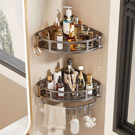 Gray Shower Caddy Corner Caddy 2-Tier Hooks Rod Bathroom Storage Shower Organizer