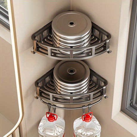 Gray Shower Caddy Corner Caddy 2-Tier Hooks Rod Bathroom Storage Shower Organizer