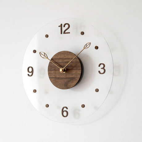 Brown Black Modern Wall Clock Transparent Clock Wooden Centre Clock Leaf Hands Clock