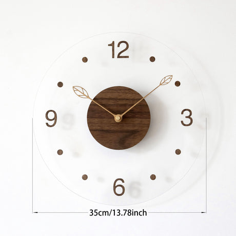 Brown Black Modern Wall Clock Transparent Clock Wooden Centre Clock Leaf Hands Clock