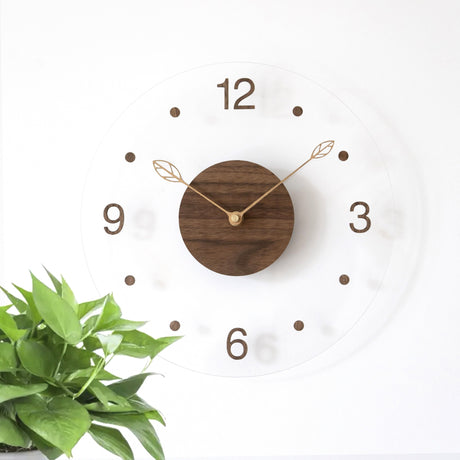 Brown Black Modern Wall Clock Transparent Clock Wooden Centre Clock Leaf Hands Clock