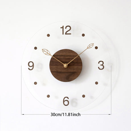 Brown Black Modern Wall Clock Transparent Clock Wooden Centre Clock Leaf Hands Clock