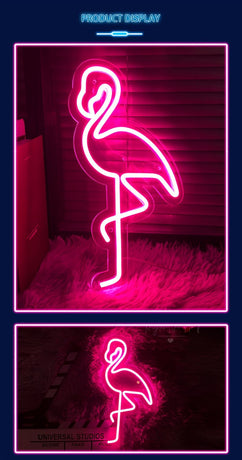 Red White Flamingo Night Light Neon Lamp Tropical Decor Home Accent Pink Light Mood