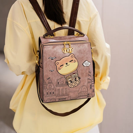 Fashionable Backpack Printed Backpack Double-Shoulder Backpack Cute Cat Print - Beige - Size 29-24-13