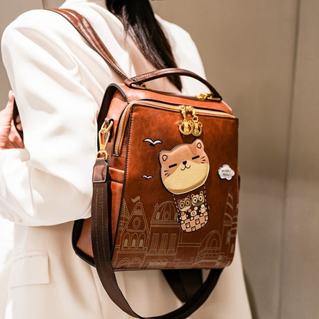 Fashionable Backpack Printed Backpack Double-Shoulder Backpack Cute Cat Print - Beige - Size 29-24-13