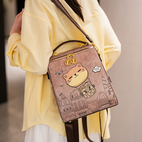 Fashionable Backpack Printed Backpack Double-Shoulder Backpack Cute Cat Print - Pink - Size 29-24-13