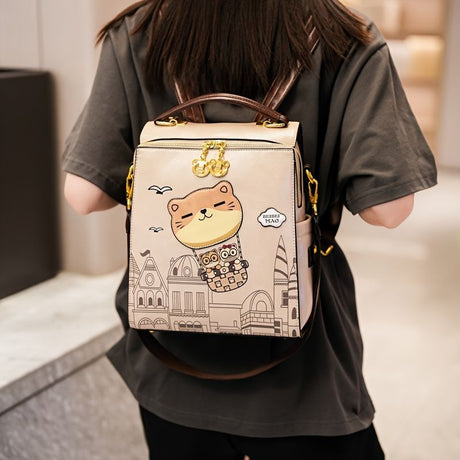 Fashionable Backpack Printed Backpack Double-Shoulder Backpack Cute Cat Print - Pink - Size 29-24-13