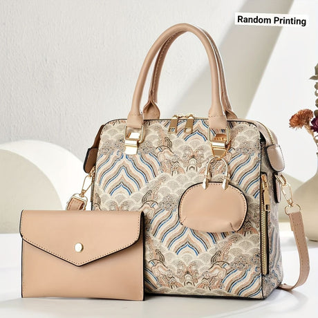 Ladies Hand-Held Bags 2-Piece Set Embroidered Print Retro Stylish Bag With - Pink - Size 24-13-24