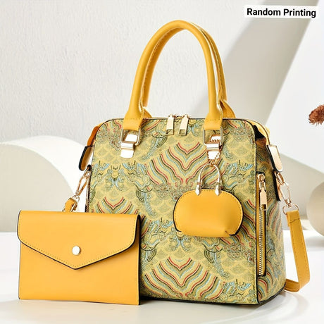 Ladies Hand-Held Bags 2-Piece Set Embroidered Print Retro Stylish Bag With - Red - Size 24-13-24