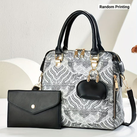 Ladies Hand-Held Bags 2-Piece Set Embroidered Print Retro Stylish Bag With - Red - Size 24-13-24