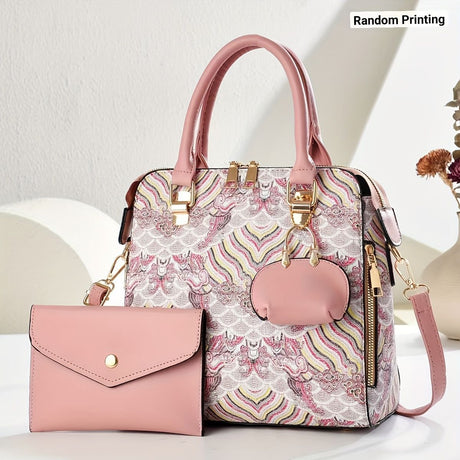 Ladies Hand-Held Bags 2-Piece Set Embroidered Print Retro Stylish Bag With - Yellow - Size 24-13-24