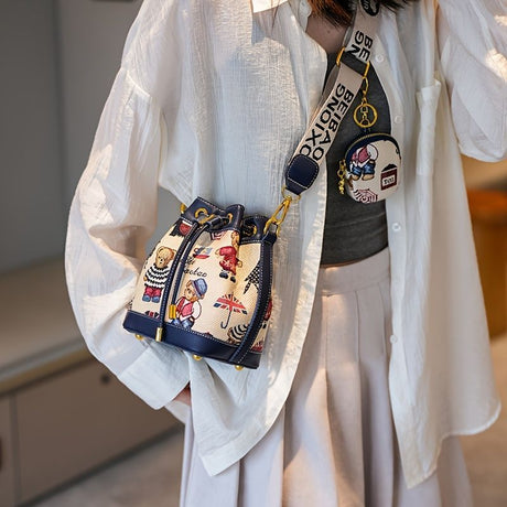 Women'S Bucket Bag Bear Print Handbag Trendy Handbag British Style Bag - Blue - Size 11-14-19