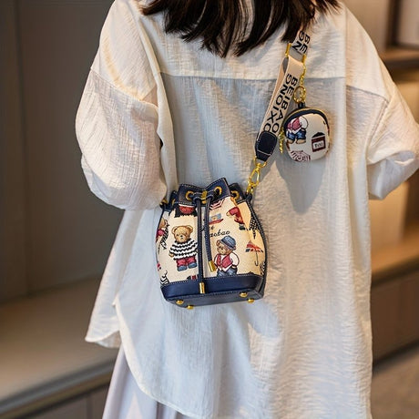 Women'S Bucket Bag Bear Print Handbag Trendy Handbag British Style Bag - Blue - Size 11-14-19