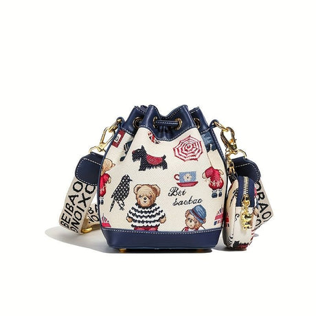 Women'S Bucket Bag Bear Print Handbag Trendy Handbag British Style Bag - Brown - Size 11-14-19
