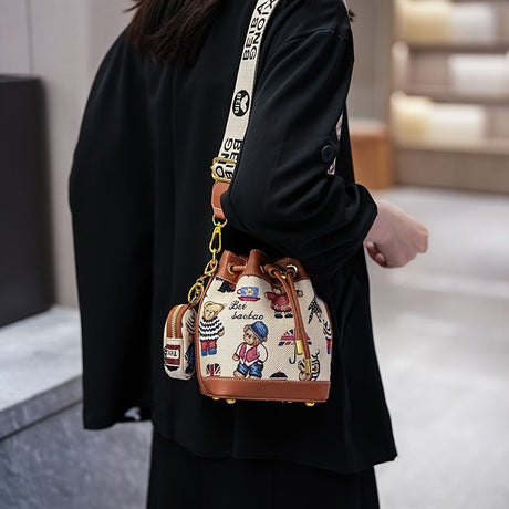 Women'S Bucket Bag Bear Print Handbag Trendy Handbag British Style Bag - Brown - Size 11-14-19