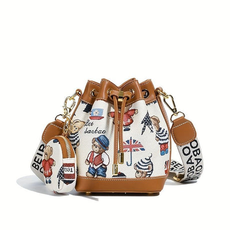 Women'S Bucket Bag Bear Print Handbag Trendy Handbag British Style Bag - Pink - Size 11-14-19