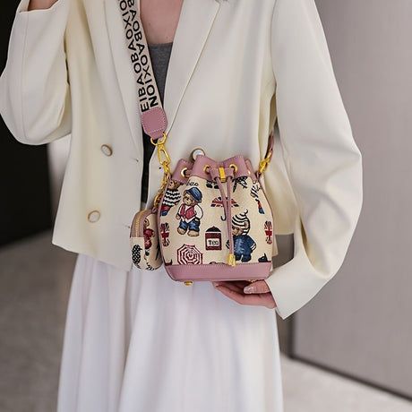 Women'S Bucket Bag Bear Print Handbag Trendy Handbag British Style Bag - Pink - Size 11-14-19