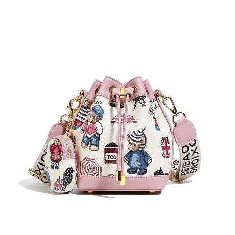 Women'S Bucket Bag Bear Print Handbag Trendy Handbag British Style Bag - Pink - Size 11-14-19