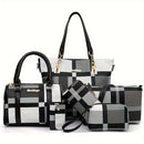 Women'S Bag Set Six Piece Bag Set Checkered Bag Large Capacity Bag Korean Style - Black - Size 30-27-13