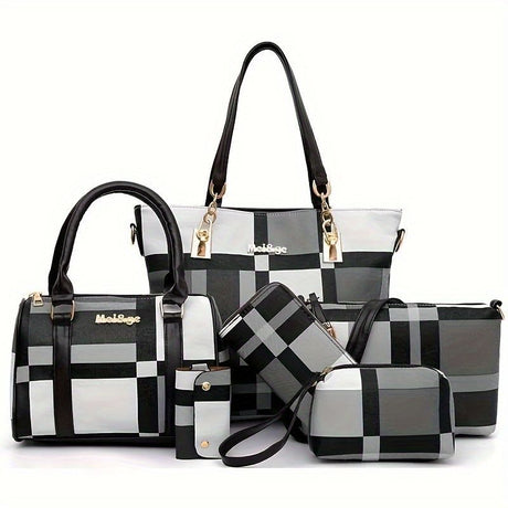 Women'S Bag Set Six Piece Bag Set Checkered Bag Large Capacity Bag Korean Style - Black - Size 30-27-13