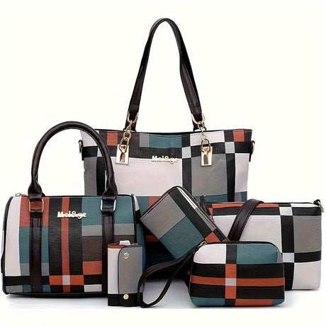 Women'S Bag Set Six Piece Bag Set Checkered Bag Large Capacity Bag Korean Style - Blue - Size 30-27-13