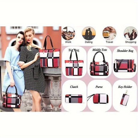 Women'S Bag Set Six Piece Bag Set Checkered Bag Large Capacity Bag Korean Style - Blue - Size 30-27-13