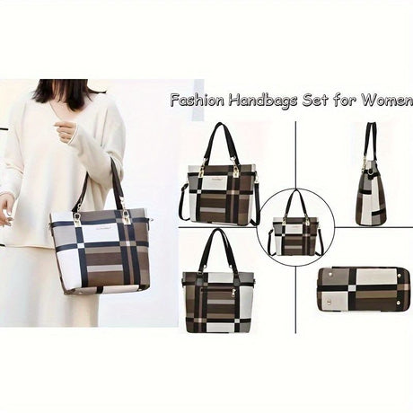 Women'S Bag Set Six Piece Bag Set Checkered Bag Large Capacity Bag Korean Style - Brown - Size 30-27-13