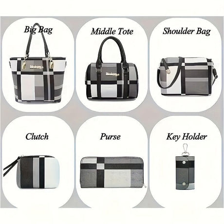 Women'S Bag Set Six Piece Bag Set Checkered Bag Large Capacity Bag Korean Style - Green - Size 30-27-13