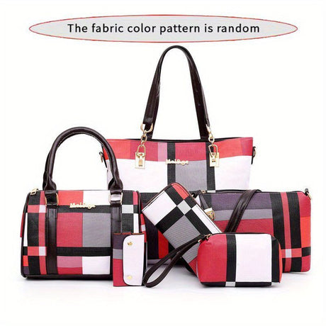 Women'S Bag Set Six Piece Bag Set Checkered Bag Large Capacity Bag Korean Style - Red - Size 30-27-13