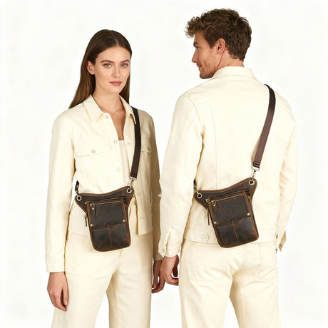 Leather Fanny Pack Top Grain Cowhide Travel Fanny Pack Adjustable Belt Fanny - Black - Size M