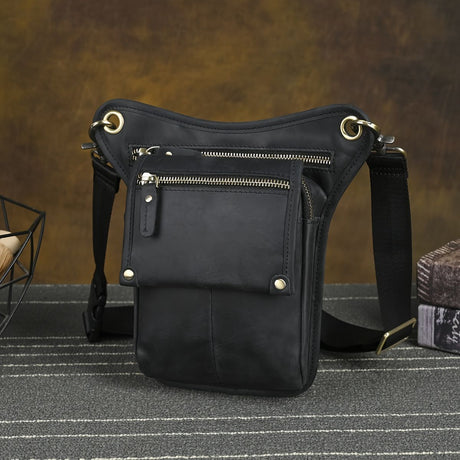 Leather Fanny Pack Top Grain Cowhide Travel Fanny Pack Adjustable Belt Fanny - Black - Size M