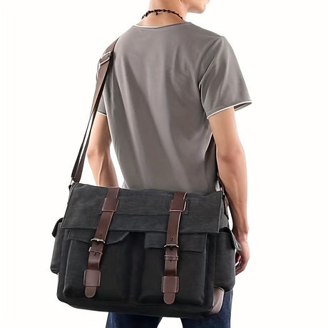 Black Men'S Canvas Messenger Bag Durable Work Bag Laptop Shoulder Bag Australian