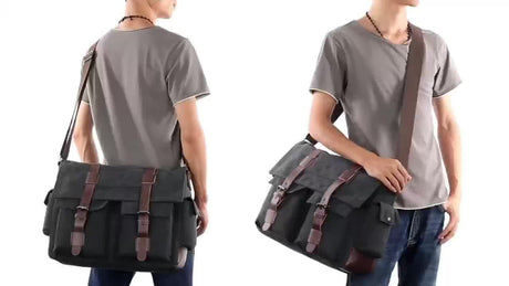 Black Men'S Canvas Messenger Bag Durable Work Bag Laptop Shoulder Bag Australian