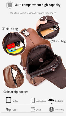 Brown Black Leather Sling Bag Crossbody Bag Chest Bag Travel Bag Quality Leather Bag