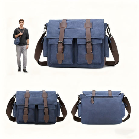 Navy Black Blue Canvas Messenger Bag Travel Bag High-Quality Bag Adjustable Strap Multiple