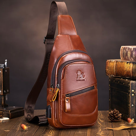 Brown Leather Sling Backpack Top-Grain Cowhide Backpack Travel Sling Bag Stylish