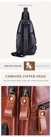 Black Brown Leather Sling Backpack Top-Grain Cowhide Travel Backpack Organized Storage