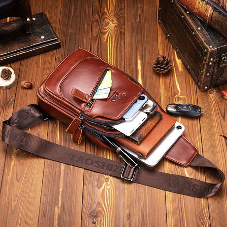 Black Brown Leather Sling Backpack Top-Grain Cowhide Travel Backpack Organized Storage